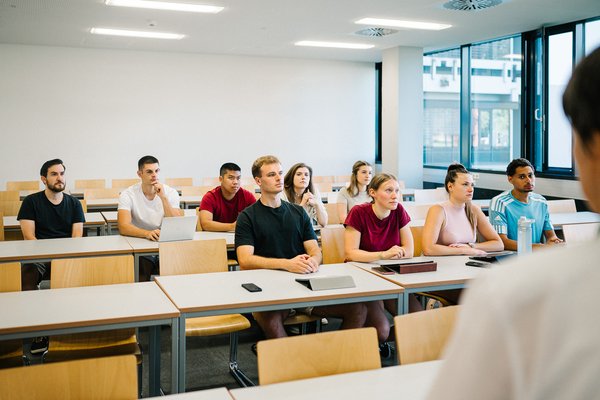 Studierende mit Professor